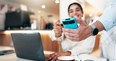 Buy stock photo Customer, hand and waiter with pos machine at coffee shop for payment, NFC transaction or wireless atm. Business woman, purchase and laptop with credit card for fintech, tap or cafe checkout