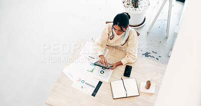 Buy stock photo Above, business and woman on tablet in office of research, financial report and schedule update. Accountant, digital and  documents of finance growth, revenue information and investment infographics 