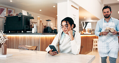 Buy stock photo Coffee shop, waiter and woman with phone waiting for drink, latte and beverage in cafeteria. Restaurant, service and server with customer on smartphone for internet, social media and online review