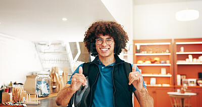Buy stock photo Food delivery, smile and shaka with man in cafe for online order, ecommerce and courier package. Restaurant takeaway, hospitality and hand gesture with portrait of person in coffee shop for lunch
