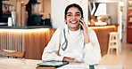 Cafe, businesswoman and smile with phone call for communication, freelancer and finance consultant. Coffee shop, female person and financial advisor with mobile for advice, listening and remote work