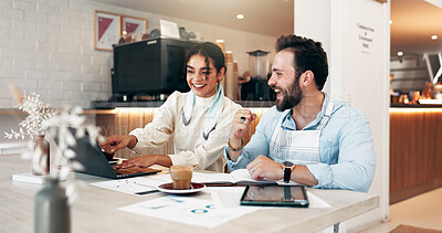 Buy stock photo Business woman, laptop and smile in cafe for review, social media and retail management success. Owner, team meeting and celebration in coffee shop for sales graph, restaurant profit or hospitality