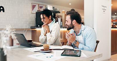 Buy stock photo Business woman, laptop and excited in cafe for review, social media and retail management success. Owner, meeting and celebration in coffee shop for sales graph, restaurant profit or hospitality deal