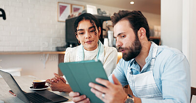 Buy stock photo Business people, tablet and teamwork in cafe for review, social media and retail management notes. Owner, meeting and laptop in coffee shop for sales report, restaurant profit or hospitality deal