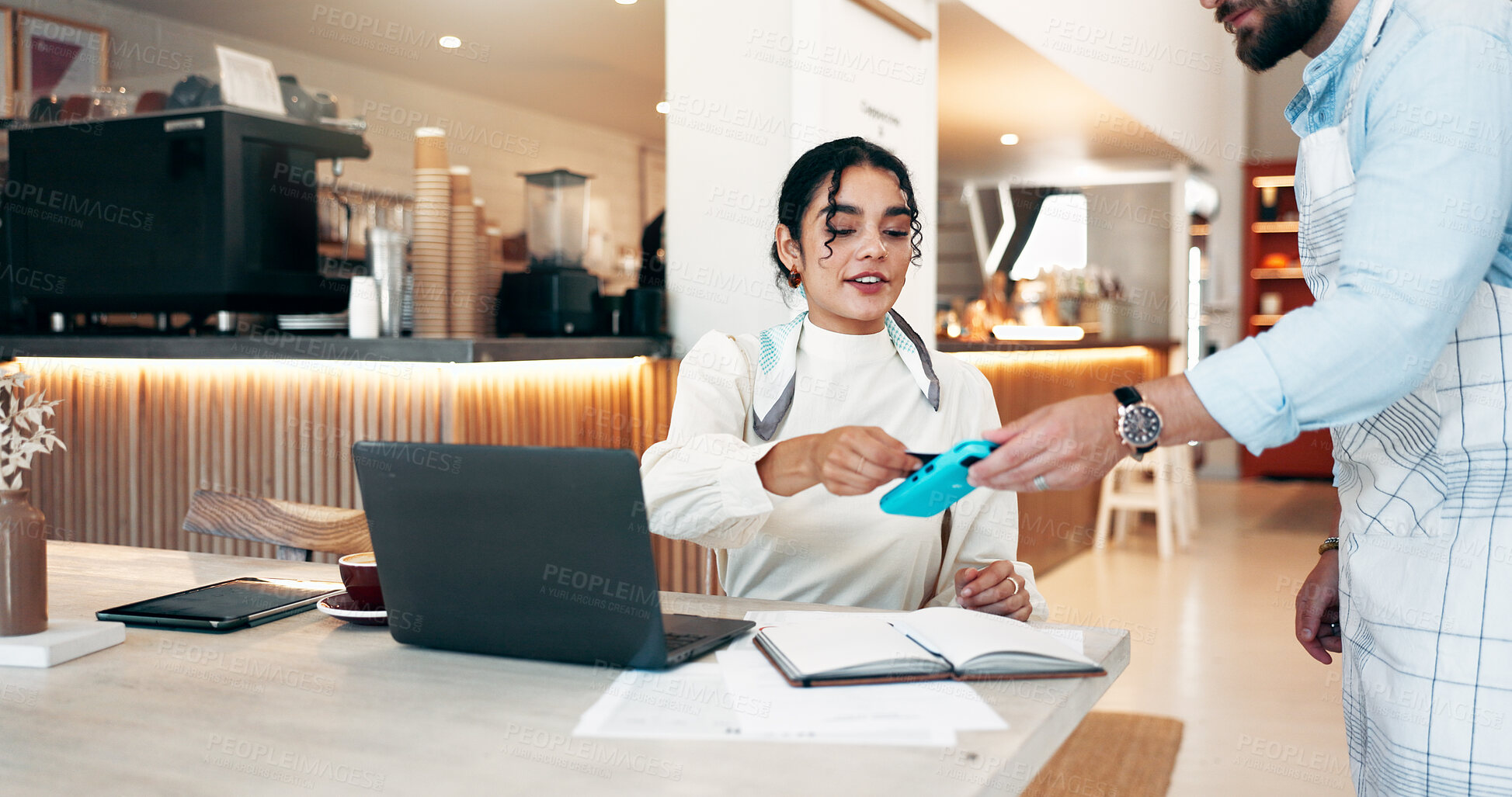 Buy stock photo Woman, customer and waiter with pos machine at cafe for payment, NFC transaction or wireless atm. Freelance person, purchase and laptop with credit card for fintech, tap or checkout at coffee shop