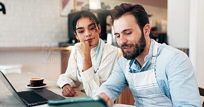 Buy stock photo Business people, tablet and meeting in cafe for review, social media or retail management notes. Owner, partner discussion and laptop in coffee shop for sales report, restaurant profit or hospitality