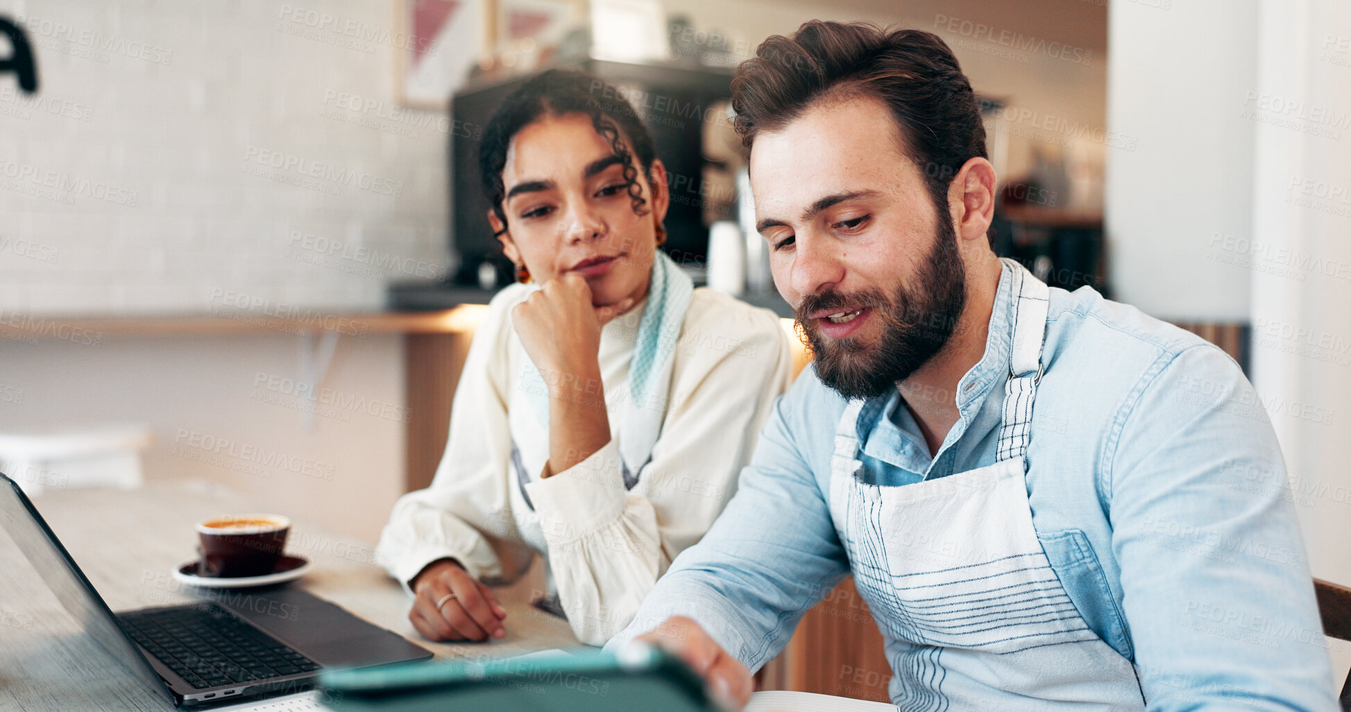 Buy stock photo Business people, tablet and meeting in cafe for review, social media or retail management notes. Owner, partner discussion and laptop in coffee shop for sales report, restaurant profit or hospitality