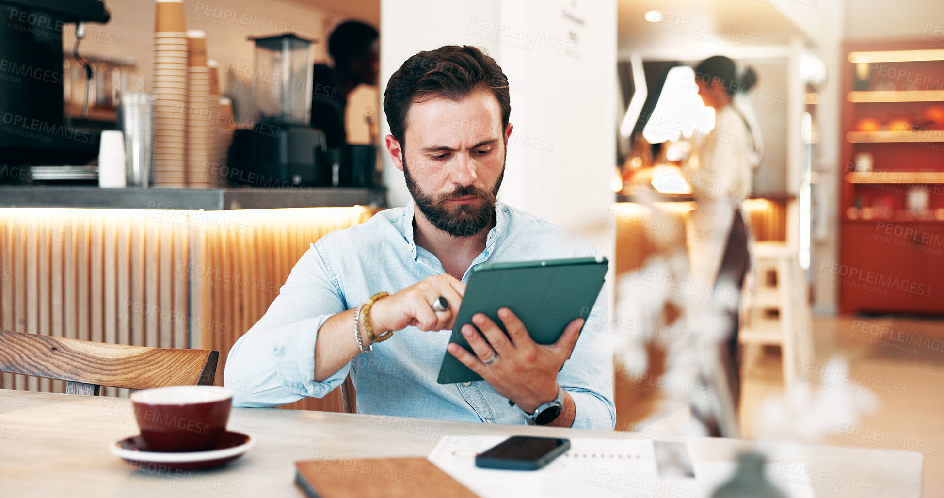 Buy stock photo Business, man and reading on tablet at cafe for website reviews, inventory management and checklist. Male owner, digital and planning menu, stock application and online booking of restaurant feedback