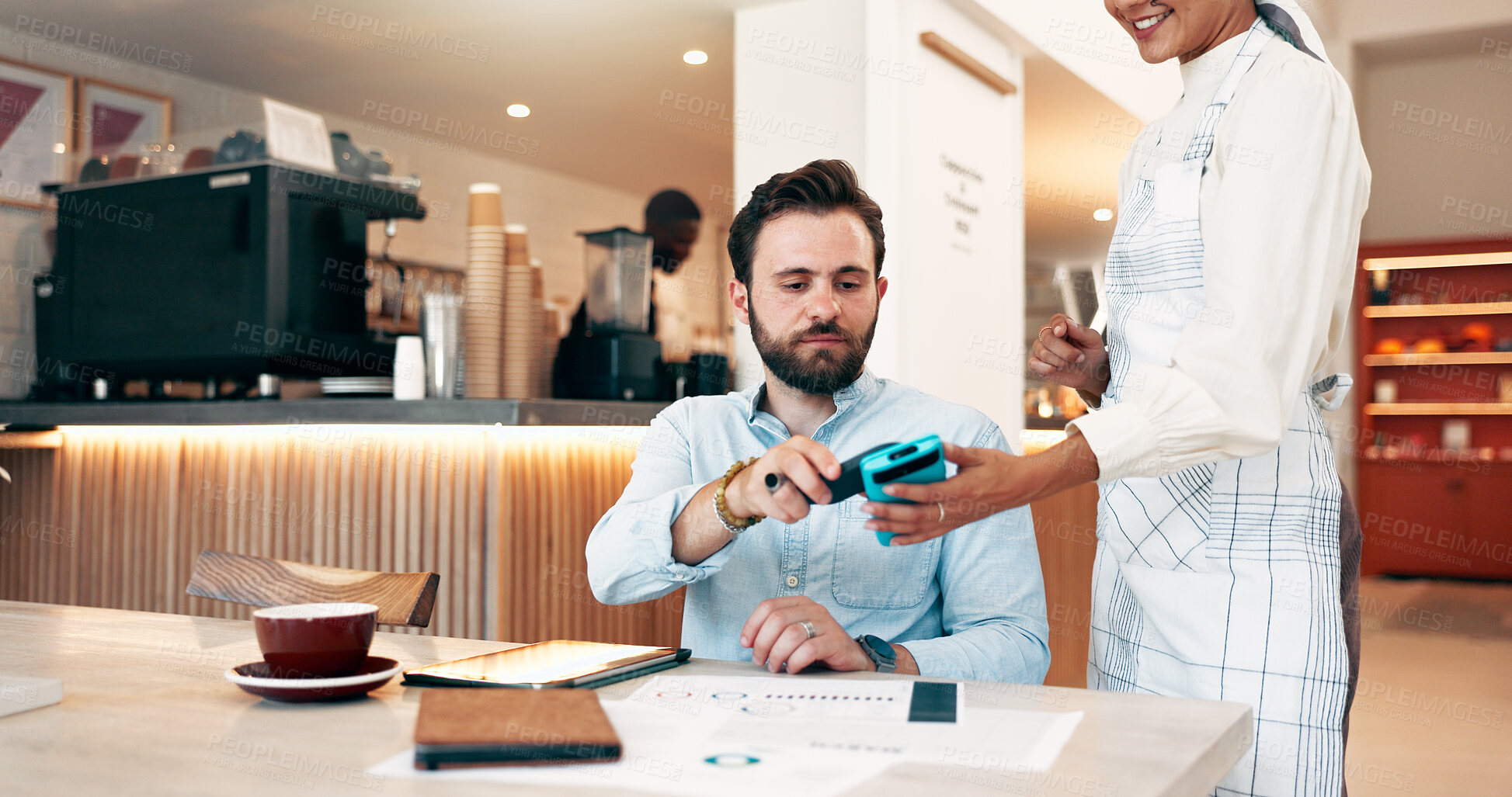 Buy stock photo Businessman, customer and waiter with pos machine at coffee shop for payment, NFC transaction or wireless atm. Freelance person, purchase and phone with credit card for fintech, tap or cafe checkout