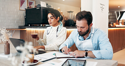 Buy stock photo Business woman, laptop and teamwork in cafe for review, social media and retail management notes. Owner, meeting and schedule in coffee shop for sales graph, restaurant profit or hospitality deal