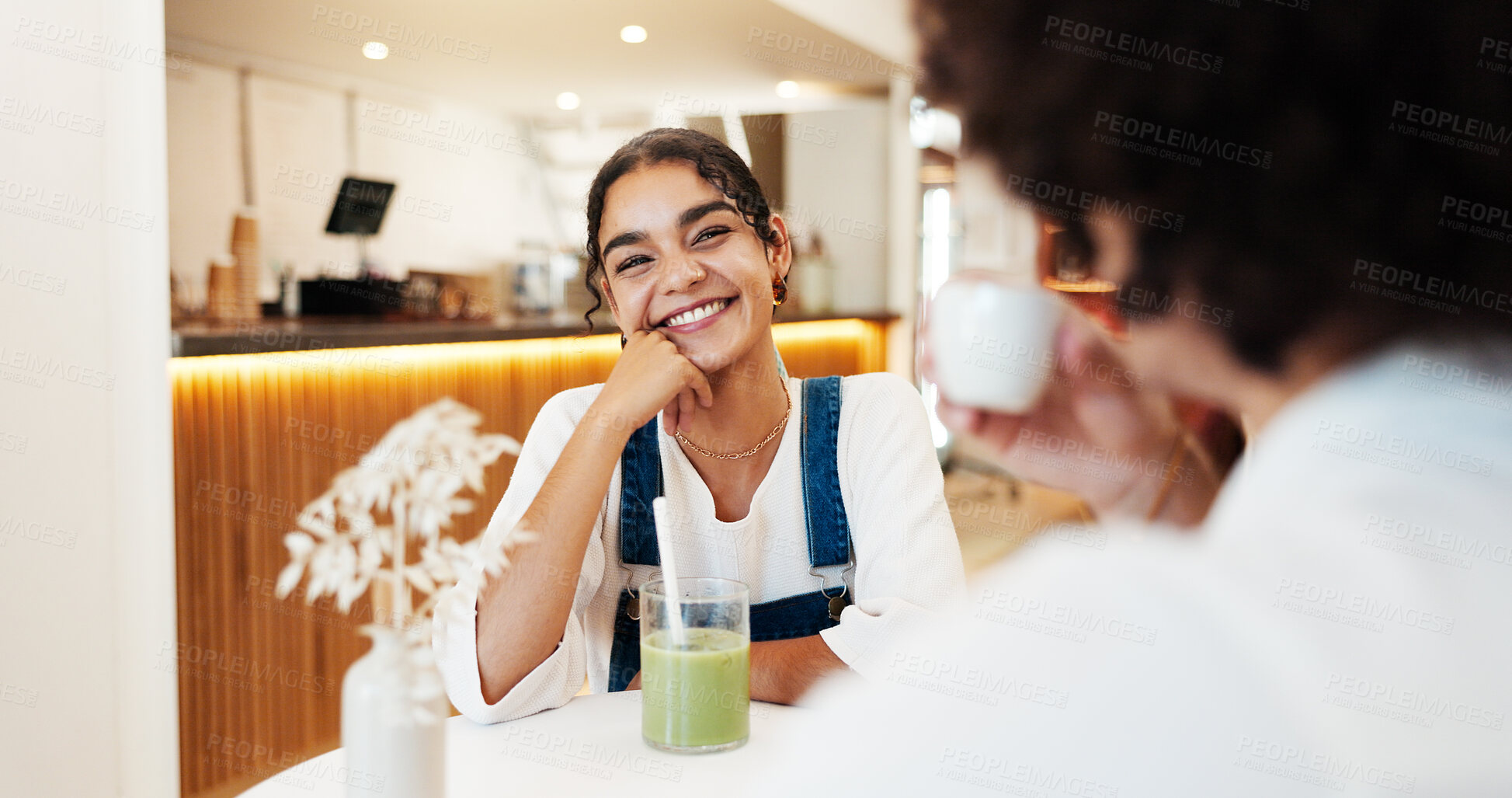 Buy stock photo Happy, love and couple in coffee shop on date for bonding, relationship and relax on weekend. Restaurant, cafe and man with woman with drink, beverage or matcha for conversation, talking and chatting