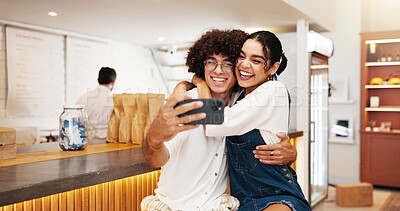Buy stock photo Coffee shop, happy and selfie of couple with laugh for online post, social media and profile picture. Restaurant, cafeteria and photo of man with woman for bonding, relationship and memory on date