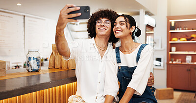 Buy stock photo Coffee shop, happy and selfie of couple with smile for online post, social media and profile picture. Restaurant, cafeteria and photo of man with woman for bonding, relationship and memory on date