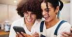 Coffee shop, laugh and couple with phone for online meme, social media and funny video on internet. Restaurant, cafe and man with woman on smartphone for bonding, relationship and happy on date