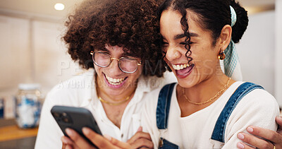 Buy stock photo Coffee shop, laugh and couple with phone for online meme, social media and funny video on internet. Restaurant, cafe and man with woman on smartphone for bonding, relationship and happy on date