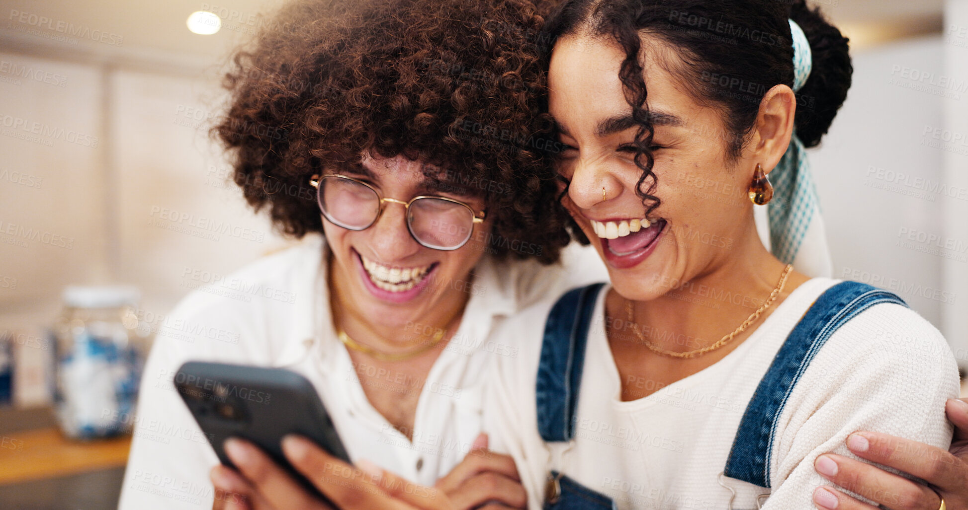 Buy stock photo Coffee shop, laugh and couple with phone for online meme, social media and funny video on internet. Restaurant, cafe and man with woman on smartphone for bonding, relationship and happy on date
