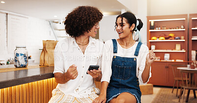 Buy stock photo Couple, phone and celebration with surprise in home, win online giveaway with sports betting prize. Man, woman and excited with smartphone, mobile app or gambling on web with bonus jackpot in kitchen