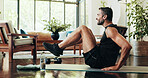 Fitness, home and man with sit up for workout, training and cardio exercise on yoga mat. Morning routine, pilates and person for health, wellness and performance for core strength and challenge