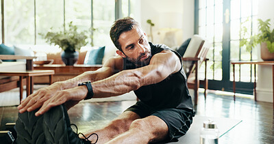 Buy stock photo Fitness, home and man stretching for legs workout on yoga mat for muscle building in living room. Sports, training and male person with warm up exercise for flexibility with physical activity.