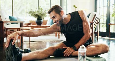Buy stock photo Fitness, exercise and man stretching for legs workout on yoga mat for muscle building in living room. Sports, training and male person with warm up for flexibility with physical activity in home.