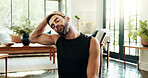 Stretching neck, fitness and man in home for exercise, training and warm up for workout. Morning routine, house and person for wellness, performance and active for balance, flexibility and mobility