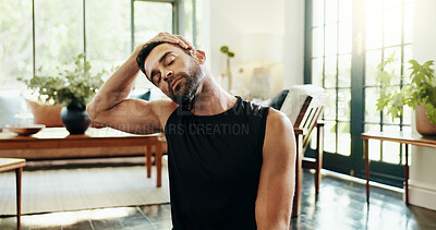 Buy stock photo Stretching neck, fitness and man in home for exercise, training and warm up for workout. Morning routine, house and person for wellness, performance and active for balance, flexibility and mobility
