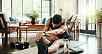 Fitness, training and man stretching for legs workout on yoga mat for muscle building in living room. Sports, home and male person with warm up exercise for hamstring with physical activity.