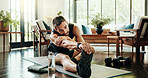 Fitness, home and man stretching for workout on yoga mat for muscle building in living room. Sports, training and male person with warm up exercise for legs with physical activity in apartment.