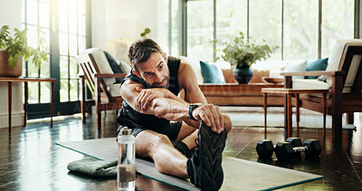 Buy stock photo Fitness, home and man stretching for workout on yoga mat for muscle building in living room. Sports, training and male person with warm up exercise for legs with physical activity in apartment.
