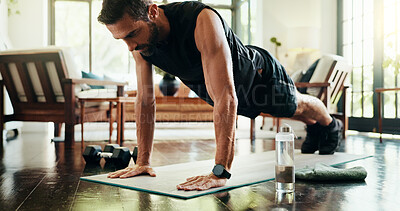 Buy stock photo Plank, training and man in home, exercise and balance for core muscles in living room and stretching. Morning, fitness and person with routine in lounge, posture and wellness with workout in house