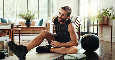 Buy stock photo Fitness, home and man with back ache, injury or accident for intense workout with mistake. Sports, exercise ball and person with muscle sprain, discomfort or spine pain for training error in house.