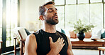 Yoga, man and breathe meditation in home, house or living room floor for energy, fitness or mental health. Relax, stress relief and zen person with mindfulness for pilates, spiritual healing or peace