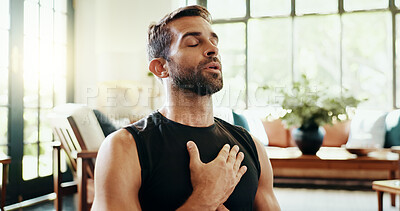 Buy stock photo Yoga, man and breathe meditation in home, house or living room floor for energy, fitness or mental health. Relax, stress relief and zen person with mindfulness for pilates, spiritual healing or peace