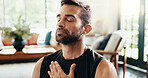 Yoga, man and breathe meditation in house, home or living room floor for energy, fitness or mental health. Relax, stress relief and zen person with mindfulness for pilates, spiritual healing or peace