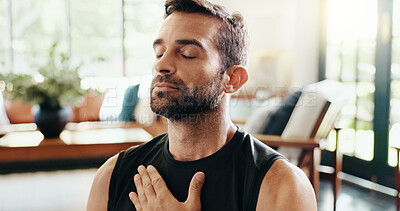 Buy stock photo Yoga, man and breathe meditation in house, home or living room floor for energy, fitness or mental health. Relax, stress relief and zen person with mindfulness for pilates, spiritual healing or peace