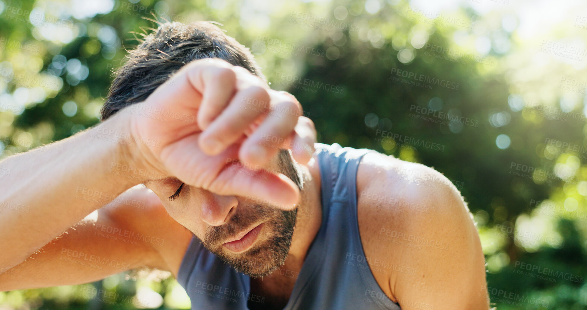 Buy stock photo Outdoor, tired and man with workout, sweating and breathing with cardio, challenge and exhausted, Healthy person, runner and guy with wellness, fitness and nature with break, burnout and exercise