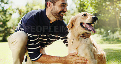 Buy stock photo Smile, dog and health with man in park for bonding, foster care and animal training. Golden retriever, summer and Happiness with person and pet adoption in nature for canine, support and wellness
