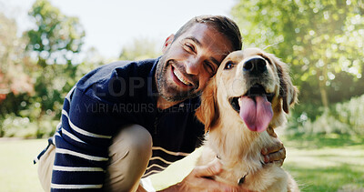 Buy stock photo Relax, dog and portrait of man in park for bonding, foster care and animal training. Golden retriever, summer and Happiness with person and pet adoption in nature for canine, support and wellness