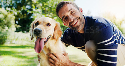 Buy stock photo Health, dog and portrait of man in park for bonding, foster care and animal training. Golden retriever, summer and happiness with person and pet adoption in nature for canine, support and wellness