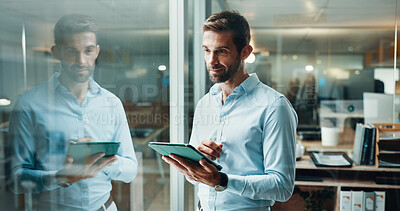 Buy stock photo Tablet, thinking and smile with business man in office for planning, company consultant and window. Professional, client feedback and research with person in agency for reflection, vision and idea