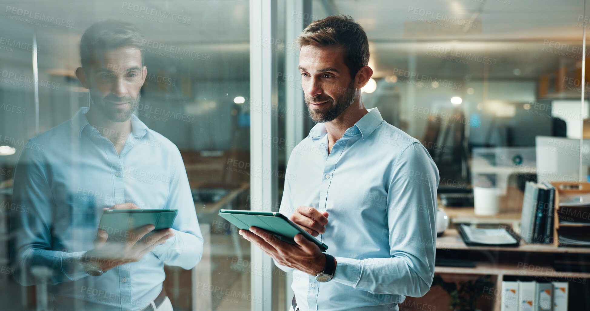 Buy stock photo Tablet, thinking and smile with business man in office for planning, company consultant and window. Professional, client feedback and research with person in agency for reflection, vision and idea