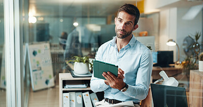 Buy stock photo Tablet, thinking and future with business man in office for planning, company consultant and window. Professional, client feedback and research with person in agency for reflection, vision and idea
