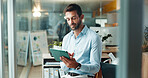 Tablet, planning and scroll with business man in office for reading, company consultant and performance analyst. Professional, client feedback and research with person in agency for project idea