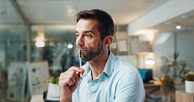 Buy stock photo Business, thinking and man in office, doubt and problem solving with planning for project. Stress, journalist and employee in workplace, bankruptcy and confused with pressure for proposal and review