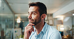 Business, thinking and man in office, doubt and problem solving with planning for project. Person, copywriting and employee in workplace, thoughtful and confused with review for proposal and decision