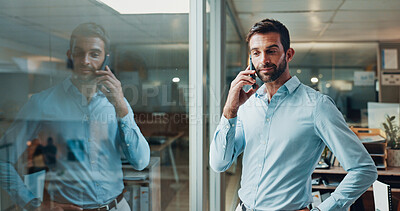 Buy stock photo Office, businessman and consultant with phone call for project, finance advice or listen to client. Reflection, male person and financial advisor with mobile for networking, talking or smile at night