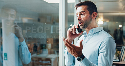 Buy stock photo Contact, businessman and talking with phone call in office, finance advice and listen to client. Reflection, male person and financial advisor with mobile for networking, negotiation or chat at night