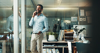 Buy stock photo Happy, businessman and tablet with phone call in office, finance advice and listen to client. Reflection, male person and financial advisor with mobile for networking, negotiation and laugh at night