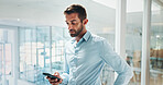 Office, businessman and scroll with smartphone for reading, online communication and text to contact. Workplace, male person and consultant with mobile for notification, chat and message from client