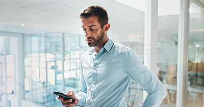 Buy stock photo Office, businessman and scroll with smartphone for reading, online communication and text to contact. Workplace, male person and consultant with mobile for notification, chat and message from client